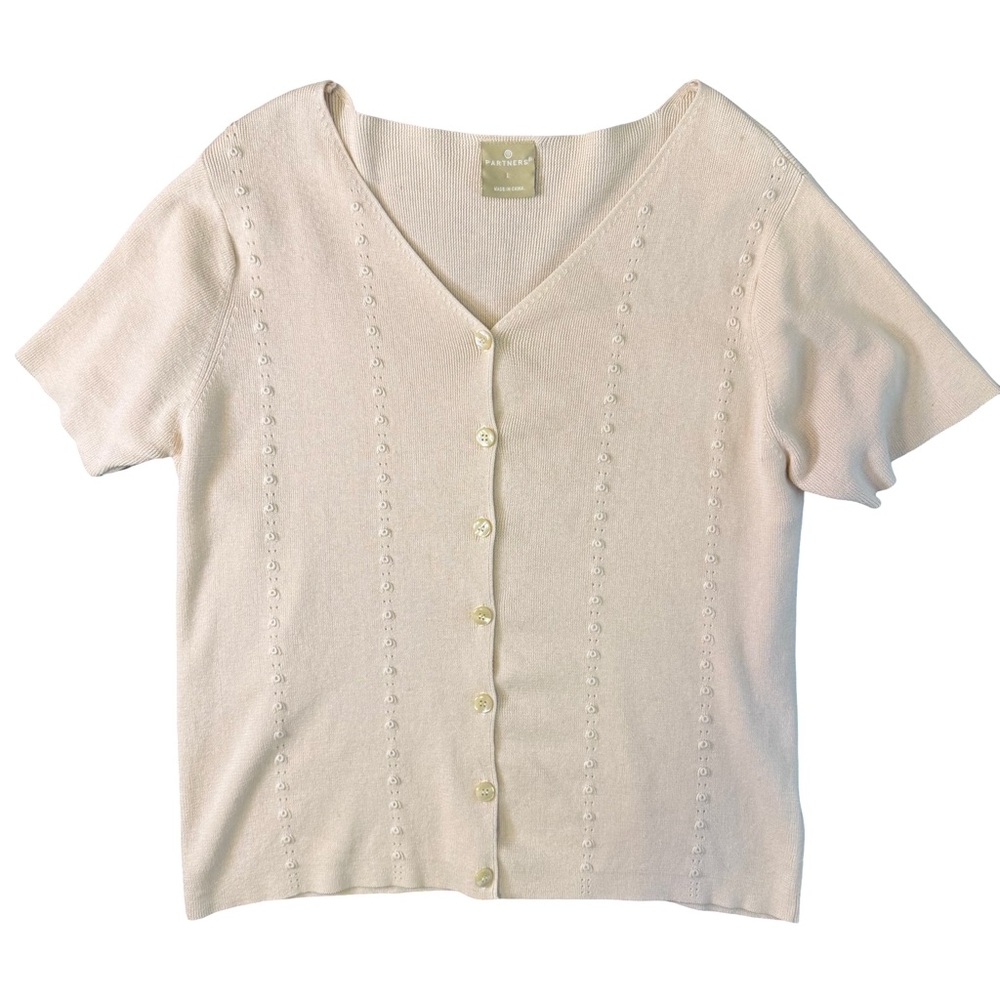 Cream Short Sleeve knit Cardigan ramie/cotton Large‎